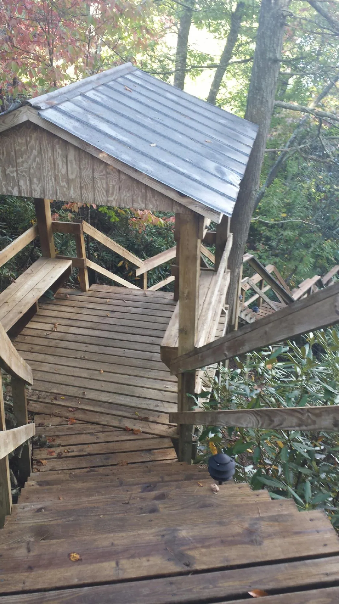 Metal roofed shelter over wooden steps on a wooded walkway — Skylight Repair & Installation work by our crew in Daphne